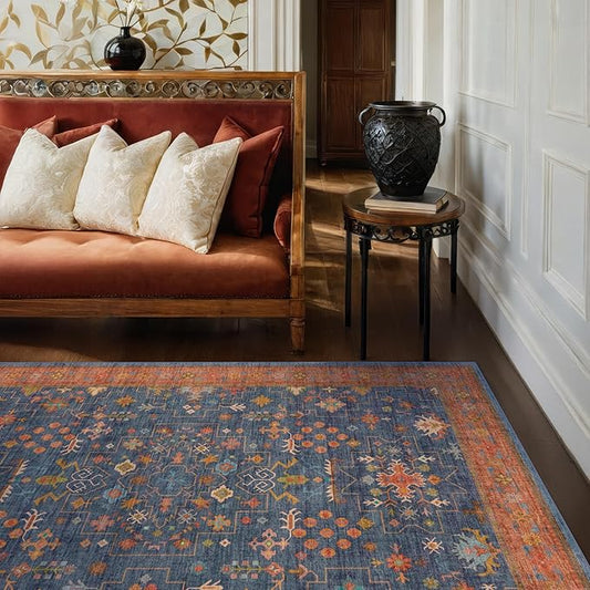 Hazo Haus Dark Blue & Terracotta 5x8 Living Room Rug - Machine Washable Area Rugs for Bedroom, Dining Room, Kitchen Floor, Small Office, Low Pile Non-Slip Rubber Backing & Stain Resistance