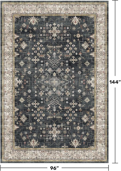 Black Boho Rug for Living Room 8x12 - Washable Dining Room Rugs for Under Table, Vintage Soft Low Pile Carpet for Bedroom, Non-Slip Farmhouse Bohemian Large Thin Carpet for High Traffic Area