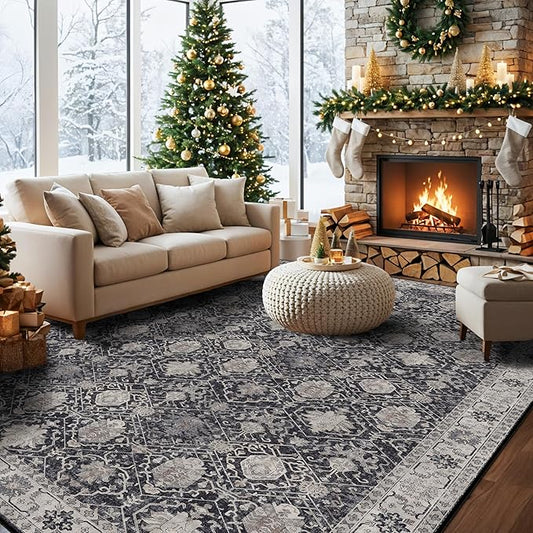 Vintage 10x14 Washable Area Rug: Large Living Room Rugs Indoor Soft Stain Resistant Carpet with Non-Slip Backing for Bedroom Dining Room Farmhouse Low Pile Floor Mat for King Size Bed (10x14 Black)