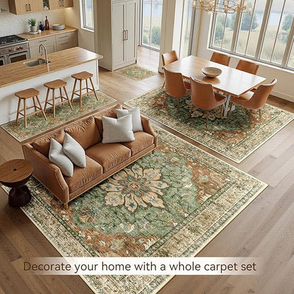 RELEANY Area Rugs 6'x9' Washable Non-Slip, Floral Vintage Distress Print Pattern Medallion Carpet for Living Room Bedroom Dining Room, Brick Red Rust Neutral Brown Burnt Orange Green