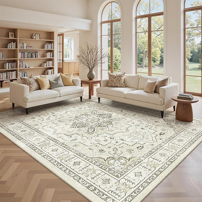 zesthome Area Rug 8x10,Ultra-Thin Washable Rugs for Living Room, Non-Slip Backing Area Rugs,Small Entryway Rug,Vintage Medallion Pattern Rugs (Beige,8'x10')