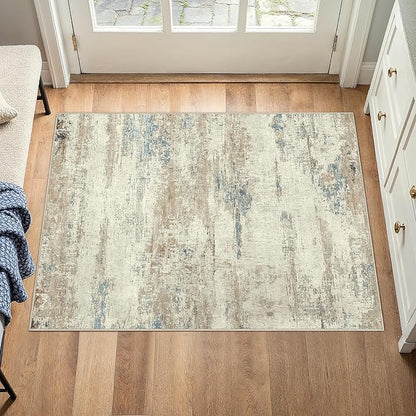 2x3 Area Rug Washable Beige Brown Abstract Modern Neutral Entryway Carpet Non Slip Soft Low Pile Door Mat Contemporary Aesthetic Small Rug for Bathroom Laundry Kitchen Dining Room