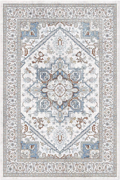 OPPODREAM Soft Neutral Area Rugs 4x6, Low-Pile Washable Rugs 4x6 with Non Slip Backing, Faux Cashmere 4 x 6 Throw Carpet, Cream White & Blue & Light Brown