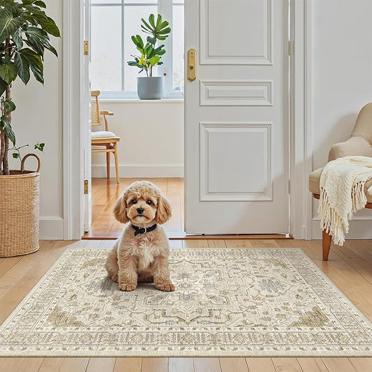 Madane Washable Area Rug 2x3, Small Entryway Rug Non-Slip Vintage Door Mat Indoor Entrance, Low Pile Floor Carpet for Inside Front Door Bedroom Kitchen Entry Laundry (2'x3', Beige/Blue)