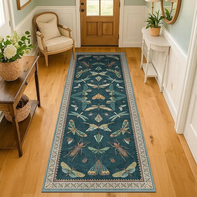 Hazo Haus Brown and Green Kitchen Sink Runner Rug 2x5 - Teal Boho Bathroom Rugs for Entrance Indoor, Insect Print Floral Vintage Unique, Washable Non Skid Stain Resistant