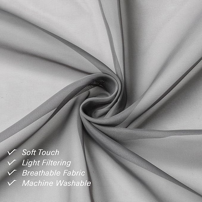 Lecloud Charcoal Grey Sheer Curtains 54 Inch Length 2 Panels, Light Filtering Voile Drapes for Kitchen Bedroom, Farmhouse Rod Pocket Living Room Short Curtains, 40 W x 54 L Inches