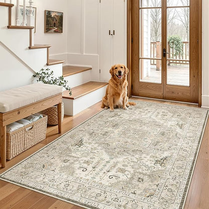 Madane Area Rug 4x6 Washable Rugs: Vintage Living Room Rug Soft Low Pile Non Slip Area Rugs Distressed Indoor Floor Carpet for Bedroom Kitchen Dining Room Home Decor, Ivory/Brown