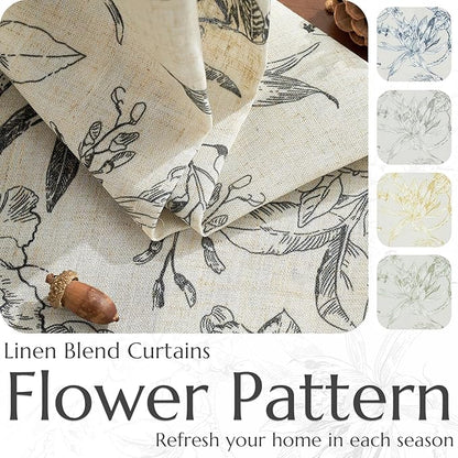 jinchan Floral Curtains 108 Inch Length Black Flower Linen Farmhouse Curtain for Living Room French Country Vintage Curtain Rod Pocket Curtains Set 2 Panels Balck Floral Printed