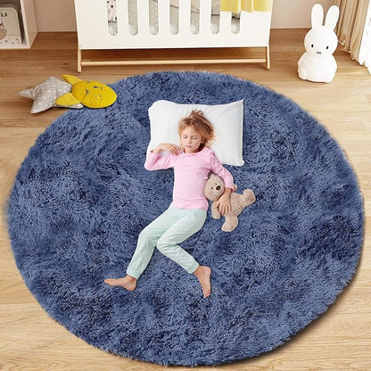 Navy Blue Round Rugs for Bedroom: 4ft Circle Fluffy Shag Soft Washable Rug Small Fuzzy Plush Indoor Carpet for Kids Girls Boys Nursery Dorm Classroom (Navy Blue, 4'x4')