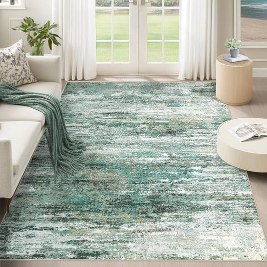 5x7 Area Rugs for Living Room, Washable Modern Abstract Large Area Rug Neutral Soft Non Slip Kids Rug Stain Resistant Indoor Carpet for Bedroom Nursery Dining Room Playroom(Green, 5'x7')