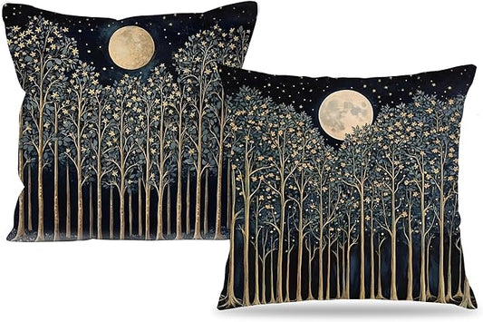Rustic William Morris Night Moon Forest Green Decor Pillow Covers 18x18 Set of 2,Vintage Botanical Nature Landscape Decorative Throw Pillow Covers for Home Bedroom Living Room