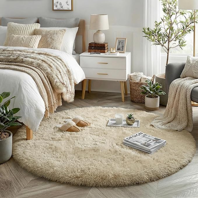 Amdrebio Beige Round Area Rugs 5Ft for Bedroom, Fluffy Plush Shag Furry Circle Rug for Kids Room, Living Room Decor Aesthetic, Fuzzy Circular Tan Neutral Carpet for Teens Baby Nursery Playroom Dorm