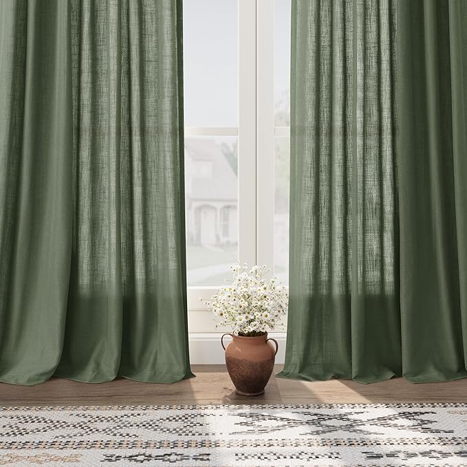 Nanspring Extra Wide Linen Curtains for Living Room 108 Inch Length for Room Divider Olive Green Rustic Farmhouse Drape Rod Pocket Back Tab Light Filtering Bedroom Window Curtain for Sliding Door