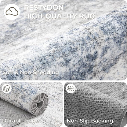 Kitchen Runner Rugs Non Skid Washable - 2.5 x 10 Runner Rug with Anti Slip Backing, Ultra-Thin Soft Rug Runner for Hallway, Bedroom, Living Room (2.5'x10', Blue/Brown/Ivory)