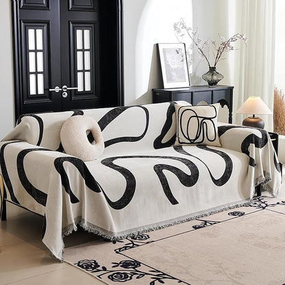 MYSKY HOME Couch Cover for 3 Cushion Couch Sofa Cover, Super Soft Boho Couch Covers for Dogs Washable, Jacquard Sofa Slipcover Furniture Protector for Living Room, 91" x 118", Black Curve