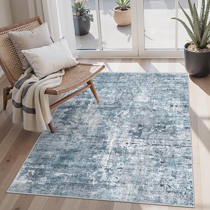Soalmost Area Rugs 4x6 for Living Room, Vintage Abstract Washable Rugs for Dining Room, Kitchen, Non-Slip Area Rug Blue