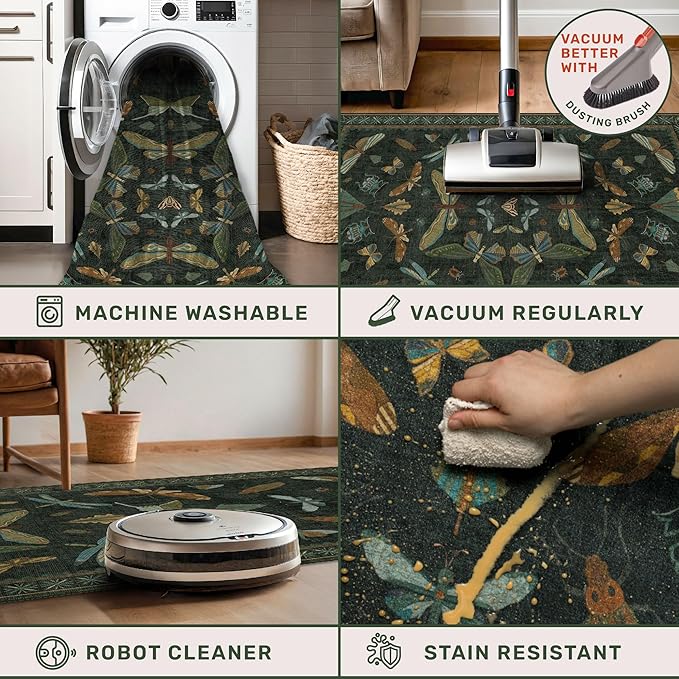 Hazo Haus Dark Green Insect 2x5 Bathroom Runner Rug - Washable Non Slip Runners for Kitchen, Laundry Room, Front Door Mat Entrance, Nature Floral Indoor Floor Décor, Thin Low Pile with Rubber Backed