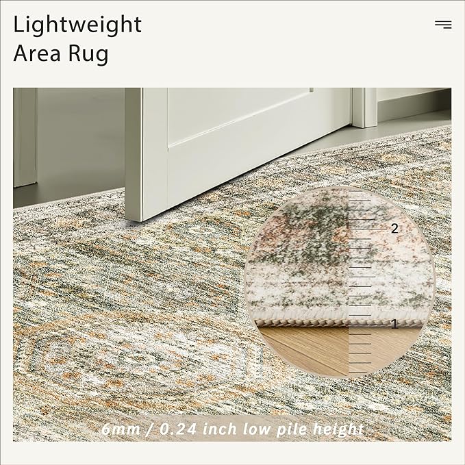 Soalmost Washable Area Rug 8x10, Large Soft Rugs for Living Room Vintage 8x10 Area Rugs for Bedroom Dining Room Non-Slip Stain Resistant Under Table Green Orange Rug