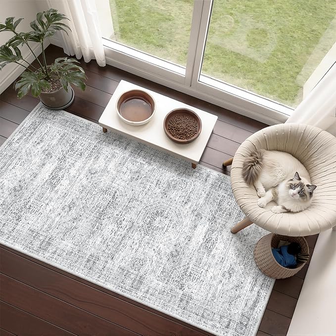 2x4 Washable Rug Runner for Bathroom, Soft Entryway Rug for Laundry Room, Kitchen, Vintage Abstract Hallway Runner for Bedroom, Anti-Slip Door Mat Indoor Entrance(2'x4', Grey/Ivory)