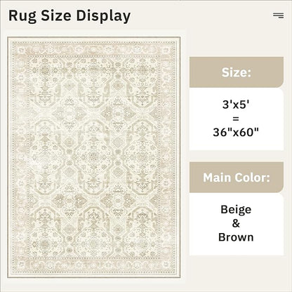 3x5 Rug, Small Area Rug for Kitchen, Entryway, Machine Washable Non-Slip Throw Rug, Vintage Carpet for Nursery Coffee Table Beige/Brown