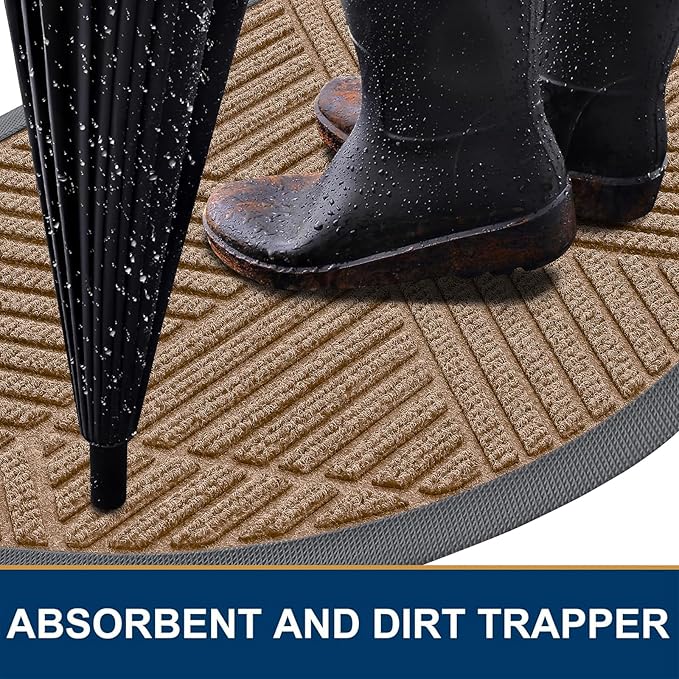 Smiry Half Circle Front Door Mat Outside Entrance, Heavy Duty Sturdy Natural Rubber Doormat, Trap Dirt and Moisture, Low Profile Mats for Indoor Outdoor Entry, Irregular Triangle (35x23, Coffee)