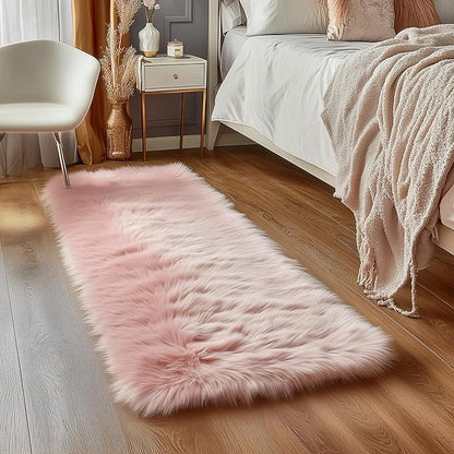 Goolela Pink Fluffy Fuzzy Furry Runner Rug 2X6 Light Pink Faux Sheepskin Fur Rug for Girls Bedroom Bedside Rug Plush Shaggy Washable Rectangle