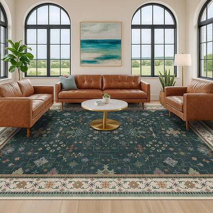 Hazo Haus Dark Green Oushak Living Room Rug 10x12 - Modern Vintage Boho Eclectic Floral Pastel, Washable Low Pile Non-Slip Extra Large Area Rugs for Dining Under Table Bedroom Lounge
