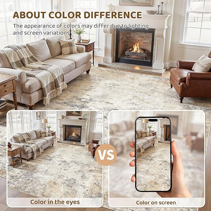 UERMEI 10x14 Area Rug Living Room Rugs - Washable Neutral Modern Abstract Soft Thin Large Rug Indoor Floor No Slip Rug Carpet for Bedroom Under Dining Table Home Office Decor - Golden Grey