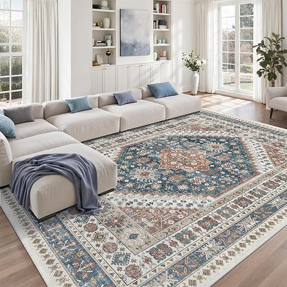 zesthome 8x10 Area Rugs for Living Room,Non-Slip Backing Washable Rugs,Vintage Large Area Rug，Stain Resistant Home Decor Rug (Navy Blue/Red,8'x10')