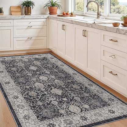 4x6 Living Room Area Rugs: Washable Non-Slip Boho Decorative Rugs for Bedroom Nursery Low Pile Neutral Small Carpet for Kitchen Dining Room Non-Shedding Floor Mat for Kids Room Office (4x6，Black)