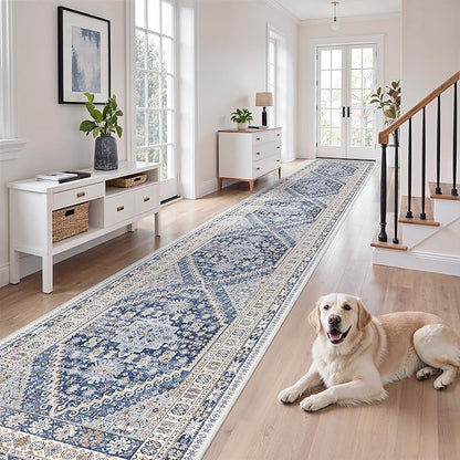 zesthome Washable Runner Rug 2.5x16 - Stain Resistant Entryway Rug,Ultra-Thin Kitchen Rugs, Anti Slip Backing Runner Rugs for Entrance Laundry Room Indoor Hallway (Blue/Beige,2.5'x16')