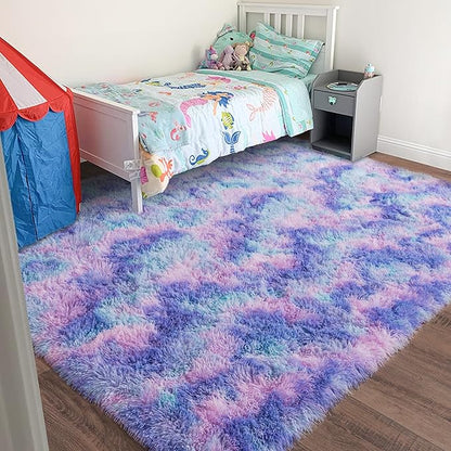 Rugs for Living Room 9x12, Soft Shaggy Modern Large Shag Area Rug for Bedroom, Upgrade Non-Slip Plush Fluffy Carpet for Kids Boys Girls Room Home Decor Aesthetic, Rainbow Purple