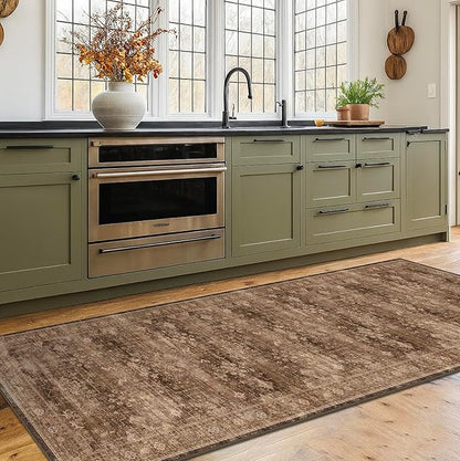 Brown Boho Washable 2x7 Runner Rugs for Hallway Kitchen Bedroom Beside Laundry Room Bathroom Rug, Pet & Kids Friendly, Non Slip Low Pile Stain Resistant Soft Faux Wool Long Dark Earthy Floor Carpet
