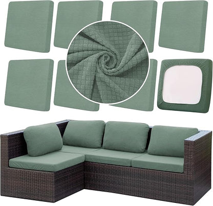 8Pcs Outdoor Cushion Covers, Patio Cushion Covers,Stretch Elastic Slipcovers, Replacement Washable Furniture Protector for Patio Couch,Thick Jacquard Fabric(Matcha Green, Cover Only)
