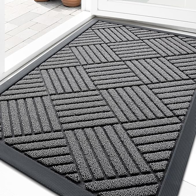 OLANLY Front Door Mat Outside Entrance 33x21, Absorbent, Heavy Duty Sturdy Natural Rubber Doormat Indoor Outdoor, Stain and Fade Resistant, Non-Slip Low Profile Floor Mat for Entryway, Grey Diamond
