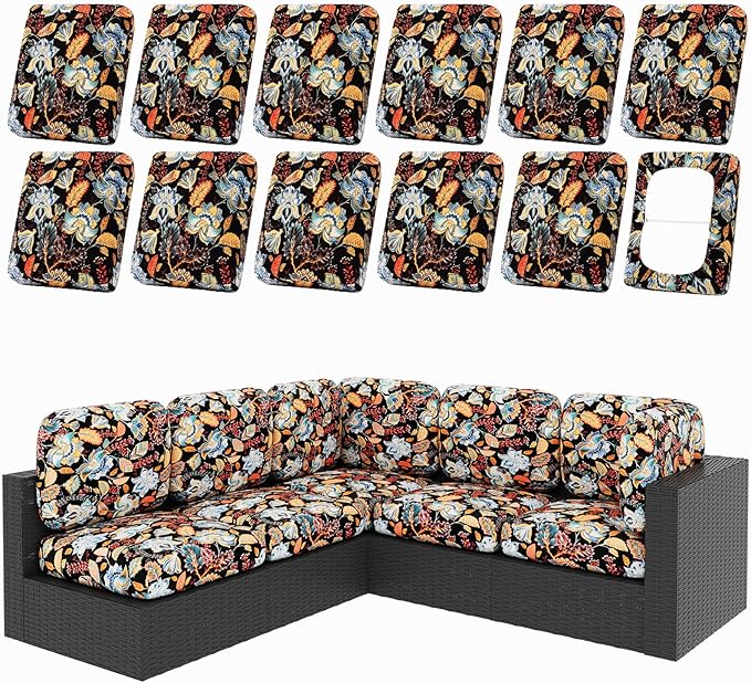 hyha 12Pcs Patio Cushion Covers, Stretch Outdoor Couch Cushion Covers Replacement, Washable Outdoor Chair/Sofa Slipcovers for Patio Furniture Cushions Protector with Elastic Bottom(Floral,Cover Only)