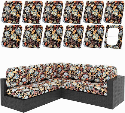 hyha 12Pcs Patio Cushion Covers, Stretch Outdoor Couch Cushion Covers Replacement, Washable Outdoor Chair/Sofa Slipcovers for Patio Furniture Cushions Protector with Elastic Bottom(Floral,Cover Only)