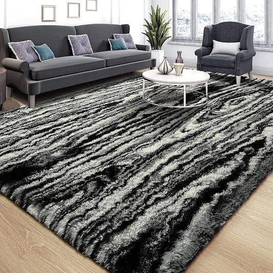 Tepook Soft Fluffy Rugs for Living Room, 5x8 Shaggy Area Rug for Bedroom, Modern Shag Rug Fuzzy Carpets for Kids, Plush Indoor Nursery Home Decor Rug with Non-Slip Bottom, Black White