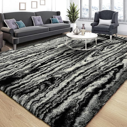 Tepook Fluffy Large Rugs for Living Room, Shag Area Rug 6x9 Soft Carpet for Bedroom, Modern Shaggy Rug for Kids Boys Girls, Plush Indoor Nursery Home Decor Rug with Non-Slip Bottom, Black White