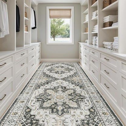 Madane 4x10 Wide Hallway Runner Rug: Washable Soft Rug Runners for Living Room Bedroom, Stain Resistant Low Pile Area Rugs Thin Non Slip Floor Carpet for Ktichen Bathroom Dining Room (Black,4x10)