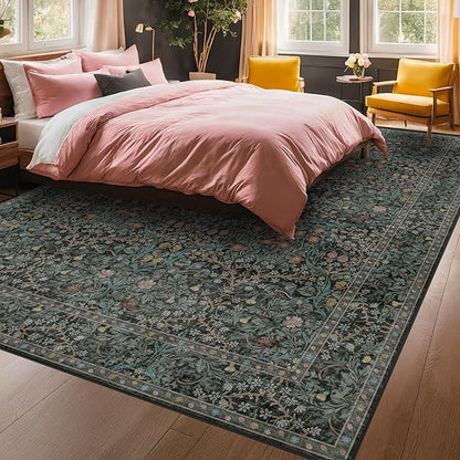8x12 Area Rug for Living Room - Large Washable Rugs for Bedroom, Dining Room Under Table, Ultra Soft Low Pile Non-Slip Stain Resistant Carpet - Dark Green Vintage Floral Décor