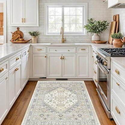 3x5 Washable Area Rug for Entryway, Kitchen Rugs Non Slip for Dining Room, Vintage Floral Soft Living Room Rug, Thin Area Rug Indoor for Bedroom, Kids Room Decor(Beige,3'x5')