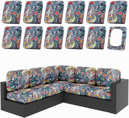 hyha 12Pcs Patio Cushion Covers, Stretch Outdoor Couch Cushion Covers Replacement, Washable Outdoor Chair/Sofa Slipcovers for Patio Furniture Cushions Protector with Elastic Bottom(Paisley,Cover Only)