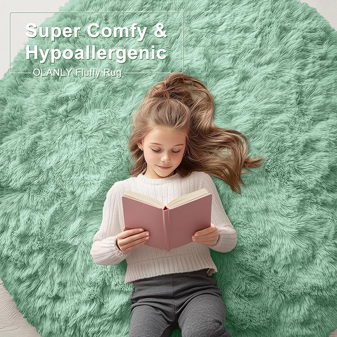 OLANLY Mint Green Round Rugs for Bedroom - Machine Washable, 5 ft Circle Area Rugs for Living Room, Soft and Fluffy Shaggy Carpet for Teen Girls and Boys, Nursery Rooms, Dorms, Home Decor Aesthetic