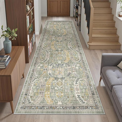 Madane Runner Rug 2'6''x8' Kitchen Runner, Hallway Runner Printed Vintage Washable Rugs Soft Non-Slip Low Pile 2.5x8 ft Runners for Hallways Laundry Room Rug Distressed Rug, Green/Gold