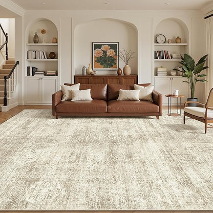 Madane 8x10 Area Rugs for Living Room, Machine Washable Vintage Beige Rug with Non-Slip Backing, Soft Throw Large Rug, Thin Carpet for Bedroom Dining Room Farmhouse Under Table