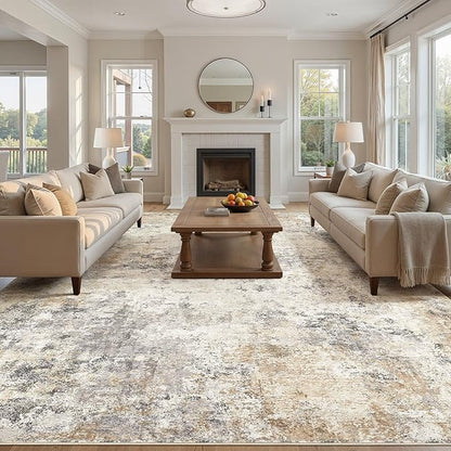 UERMEI 11x14 Area Rug Living Room Rugs - Washable Neutral Modern Abstract Soft Thin Large Rug Indoor Floor No Slip Rug Carpet for Bedroom Under Dining Table Home Office Decor - Golden Grey