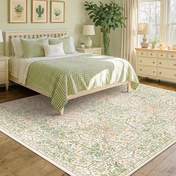 Beige Green 6x9 Washable Area Rugs for Dining Room, Nursery, Bedroom, Living Room, Kids Playroom, Ultra Soft Low Pile Non-Slip - Vintage Light Green Floral Indoor Carpet Stain Resistance