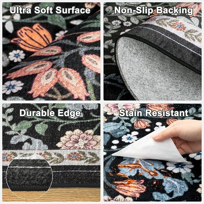 Round Area Rug for Living Room: 4 ft Floral Washable Circle Rug Soft Boho Non-Slip Carpet Indoor Stain Resistant Low Pile Small Circular Rug for Bedroom Entryway Kitchen Nursery Home Office Dark Black