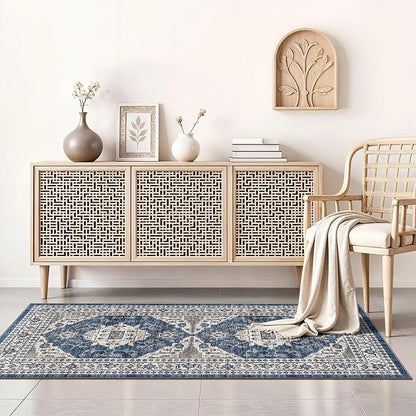 2x4 Non-Slip Entryway Area Rugs: Washable Stain Resistant Kitchen Carpet Printed Doormat Soft Low Pile Nursery Rug Vintage Small Floor Mat for Hardwood Bedroom Cozy Home Decor fot Family(2x4,Blue)